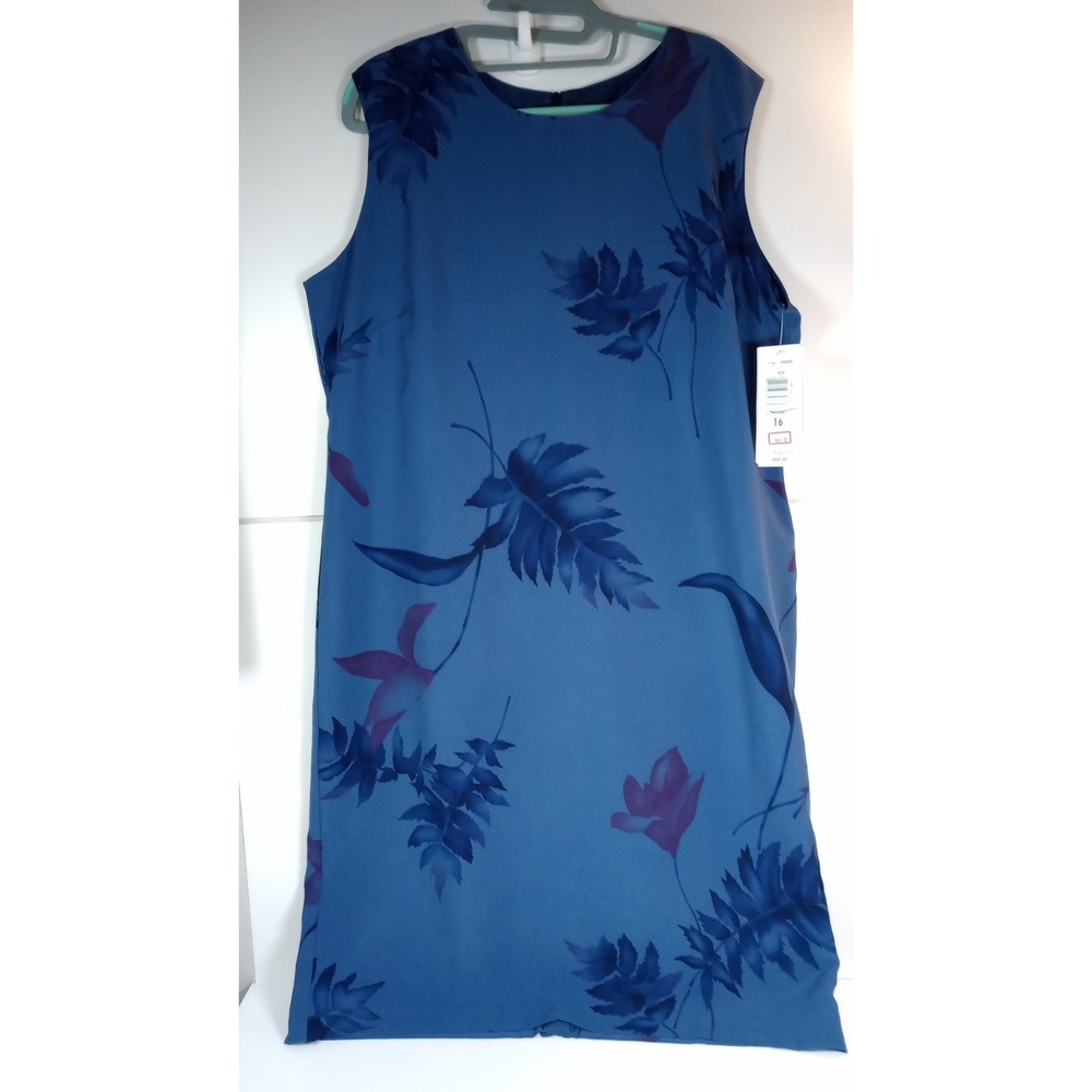 TanJay Blue Floral Midi Dress 16W Micro Silk Lined Sleeveless Sheath 65565